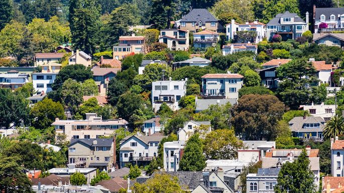 Aerial view of residential neighborhood built on a hill, Berkeley, San Francisco bay, California;