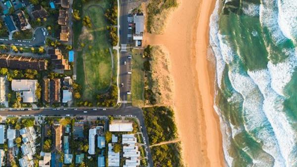 Aerial Views of Mona Vale Beach and nearby houses, Sydney, Australia