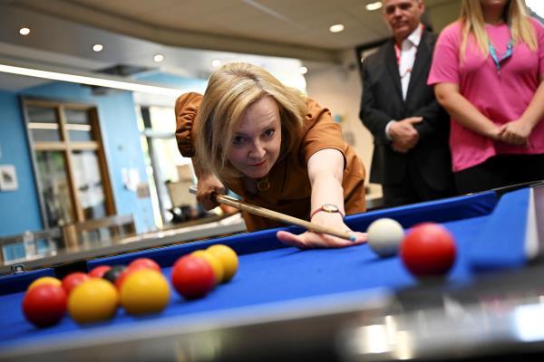 Britain's Conservative Party leadership candidate Liz Truss visits the onside Future Youth Zone, in London