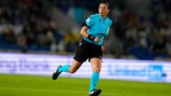 Referee Kateryna Monzul, from Ukraine, runs during the Women Euro 2022 group A soccer match between Austria and Norway at Brighton & Hove Community Stadium in Brighton, England, Friday, July 15, 2022. (AP Photo/Alessandra Tarantino)