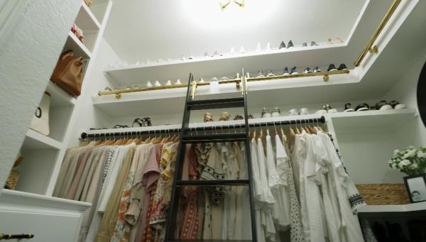 Organized closet with extra shelving and a ladder to reach it