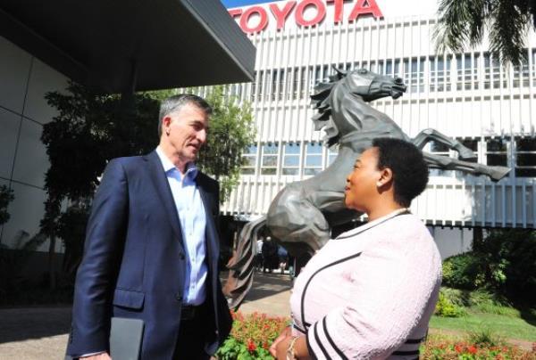 Andrew Kirby, president and CEO of Toyota South Africa Motors, seen outside the reopened plant of the group in Durban with new KZN Premier Nomusa Dube-Ncube. Image: Supplied