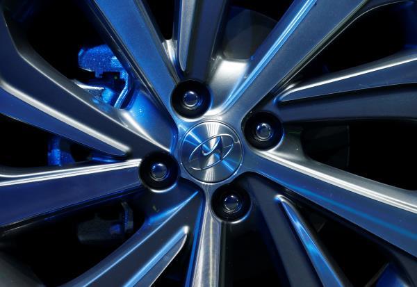 The logo of Hyundai Motor is seen on a Hyundai Motor Co's new Accent during its launch event in Mexico City