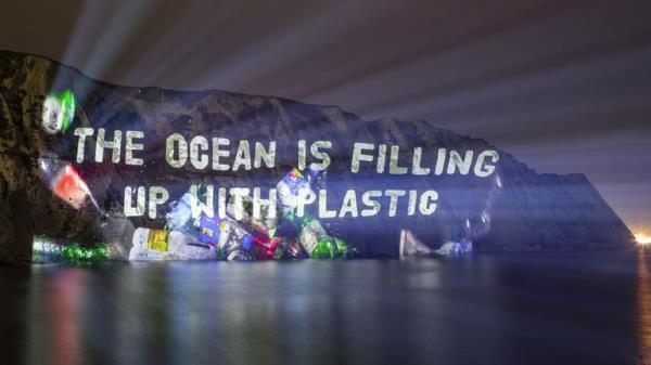 Surfers Against Sewage warned about plastic litter by projected this image on to the White Cliffs of Dover