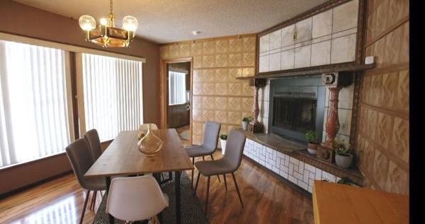 Linoleum walls, floor and fireplace