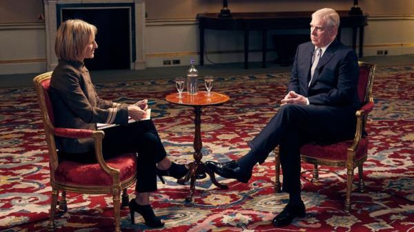 Duke of York speaking about his links to Jeffrey Epstein in an interview with BBC Newsnight's Emily Maitlis