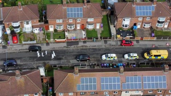 An aerial view of forensics officers at the scene in Kingsheath Avenue, Knotty Ash, Liverpool, where a nine-year-old girl has been fatally shot. Officers from Merseyside Police have started a murder investigation after attending a house at 10pm Monday following reports that an unknown male had fired a gun inside the property. Picture date: Tuesday August 23, 2022.

