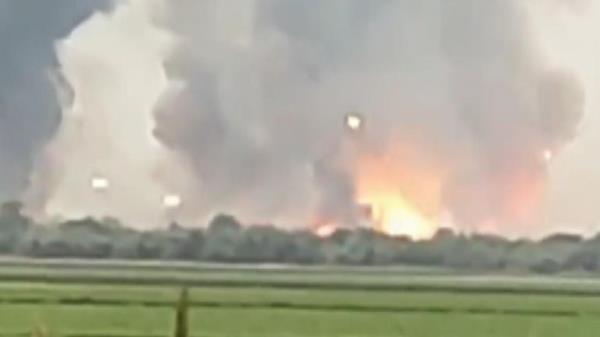 Video shows fire and smoke shooting into the sky above the weapon store near the village of Maiske in the early hours of Tuesday.