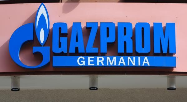 The logo of Gazprom Germania is pictured at their headquarters in Berlin