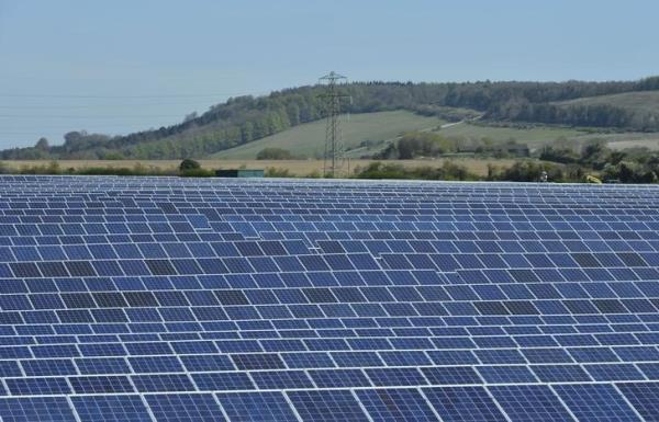 Solar panels are seen in fields near Andover in southern England