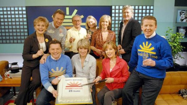Undated BBC handout photo of BBC Breakfast presenters past and present celebrating the programme's 25th Anniversary, including (Left to Right) Angela Rippon, Francis Wilson, Chris Hollins, Glyn Christian, Selena Scott, Sue Cook, Sian Williams, Mike Smith and Bill Turnbull.
 