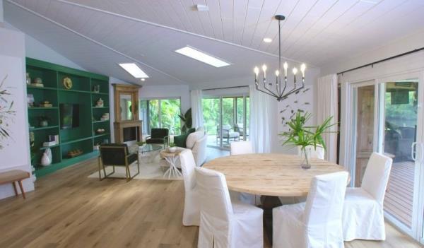 Pecky cypress table in finished great room