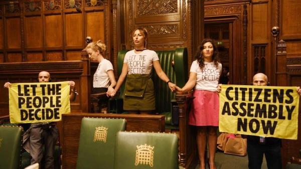 Extinction Rebellion of protesters who have superglued themselves around the Speaker's chair in the House of Commons chamber, as they call for a Citizen's Assembly. Picture date: Friday September 2, 2022.