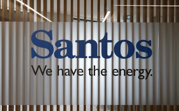 The logo of Australian oil and gas producer Santos Ltd is pictured at their Sydney office