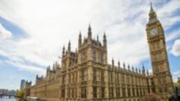 Extreme wide angle image showing the northern and eastern parts of the UK Houses of Parliament (Palace of Westminster) in central London.  Taken from Westminster Bridge.