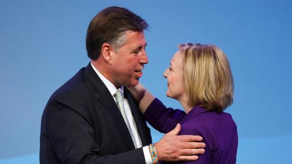 Chairman of the 1922 Committee Graham Brady congratulates Liz Truss, as she is announced as Britain's next Prime Minister at The Queen Elizabeth II Centre in London, Britain September 5, 2022. REUTERS/Hannah McKay
