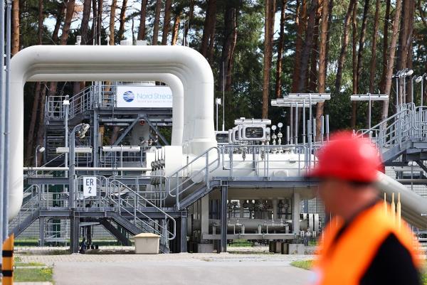 View towards Nord Stream 1 Baltic Sea pipeline and the transfer station of the Baltic Sea Pipeline link in the industrial area of Lubmin