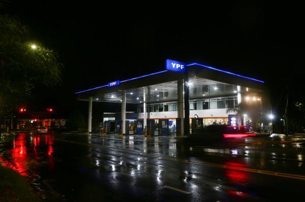 The logo of Argentina's state energy company YPF is seen at a gas station, in Buenos Aires