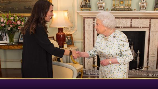 New Zealand's Prime Minister of New Zealand Jacinda Ardern and her partner Clarke Gayford are greeted by Britain's Queen Elizabeth during a private audience at Buckingham Palace, London April 19, 2018. Dominic Lipinski/Pool via Reuters