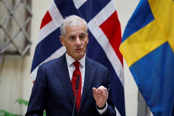 Sweden's Prime Minister Magdalena Andersson and Norway's Prime Minister Jonas Gahr Store attend a meeting at the Sager House in Stockholm