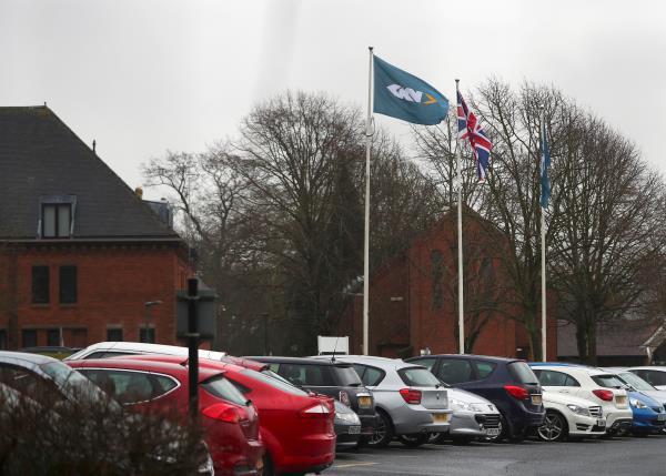 Branding is seen outside the headquarters of GKN in Redditch