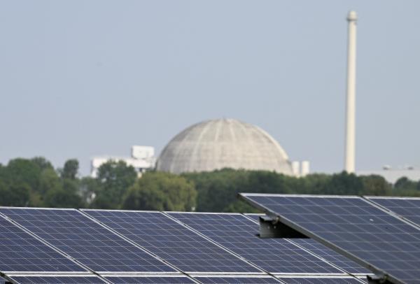 A general view of a solar park in-front of the Unterweser Nuclear Power Plant in Stadland