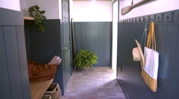 Colored millwork in the mudroom