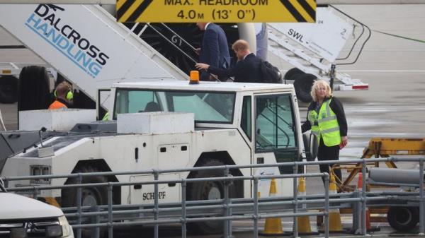 Britain's Prince Harry board a plane at Aberdeen International Airport, following the passing of Britain's Queen Elizabeth, in Aberdeen, Britain, September 9, 2022. REUTERS/Phil Noble
