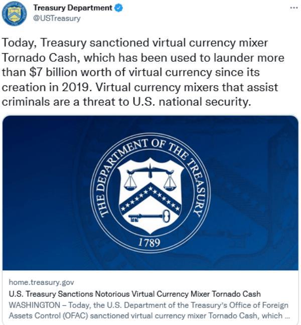 treasury department listing tornado cash as sanctioned.