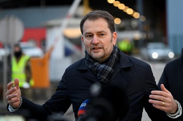 Slovakia's Finance Minister Matovic speaks to media as refugees fleeing from Ukraine arrive in Vysne Nemecke