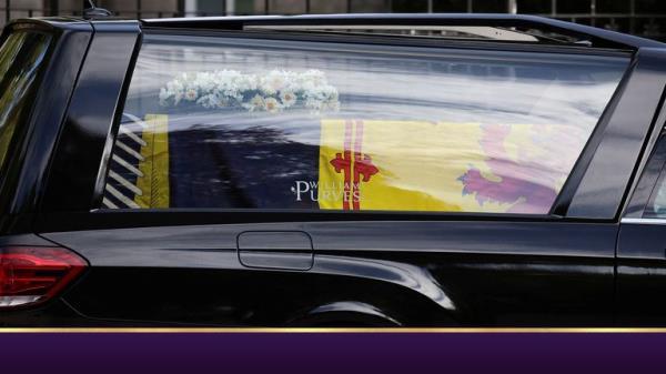 The hearse carrying the coffin of Britain's Queen Elizabeth departs Balmoral Castle, in Balmoral, Scotland, Britain September 11, 2022. REUTERS/Phil Noble
