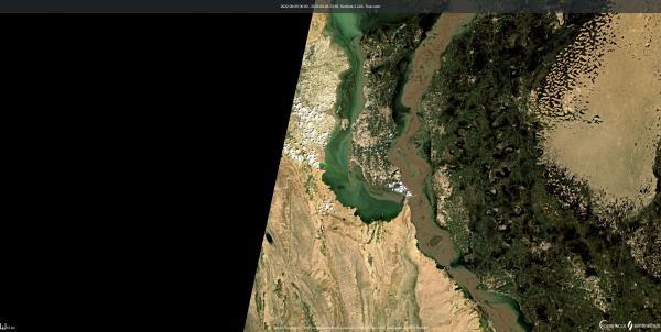 Satellite imagery shows swelling and flooding from Manchar Lake following record monsoon rains and melting glaciers in Sindh