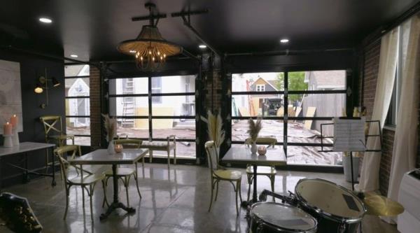 Room with industrial garage doors