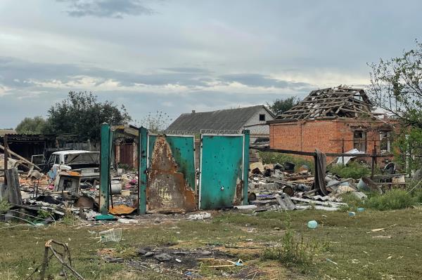 A view shows a residential house damaged by a military strike in the village of Udy recently liberated by the Ukrainian Armed Forces during a counteroffensive operation in Kharkiv region