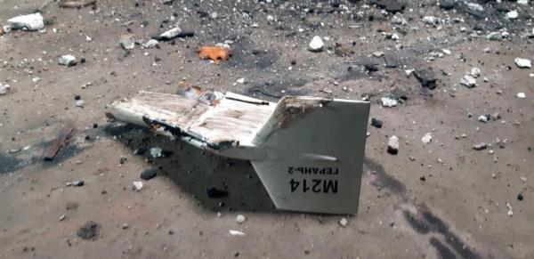 Part of an unmanned aerial vehicle, what Ukrainian military authorities described as an Iranian made suicide drone Shahed-136 and shot down near Kupiansk, is seen in Kharkiv region