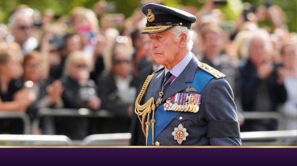 Britain's King Charles III follows the coffin of Queen Elizabeth II during a procession from Buckingham Palace to Westminster Hall in London, Wednesday, Sept. 14, 2022. Martin Meissner/Pool via REUTERS
