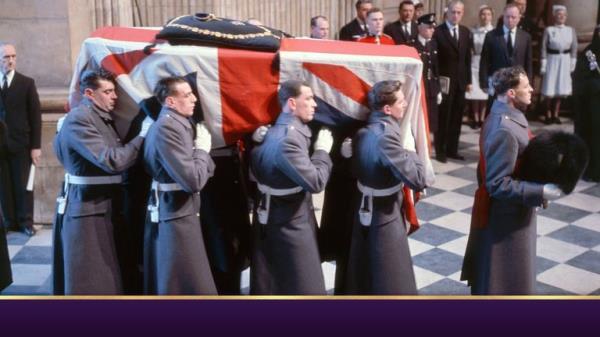 Sir Winston Churchill's coffin being carried into St Paul's in London.
