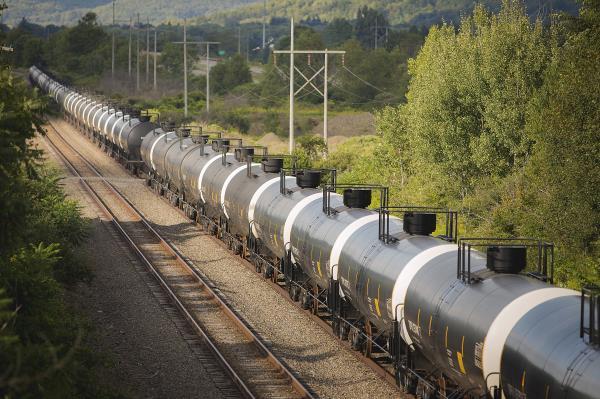 Unused oil tank cars are pictured on Western New York & Pennsylvania Railroad tracks outside Hindsdale, New York