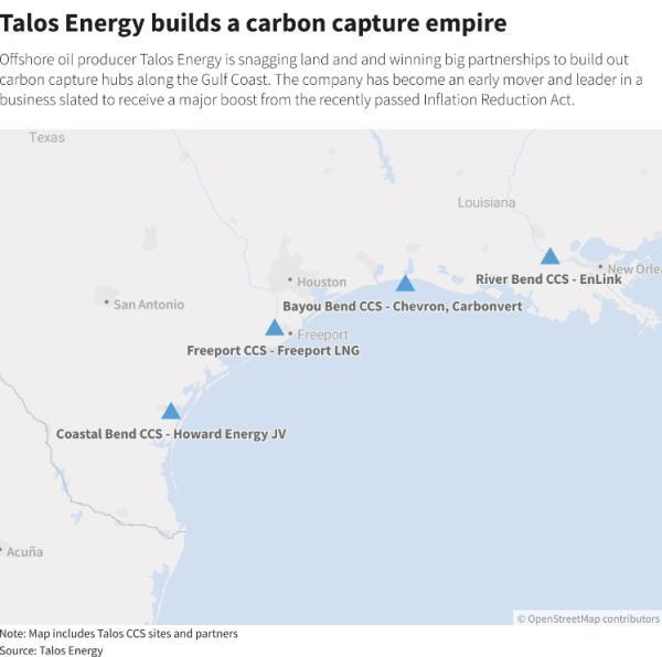 Offshore oil producer Talos Energy is snagging land and and winning big partnerships to build out carbon capture hubs along the Gulf Coast.
