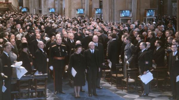 Prime Minister Harold Wilson with his wife at St. Paul's Cathedral for the funeral of Sir Winston Churchill.