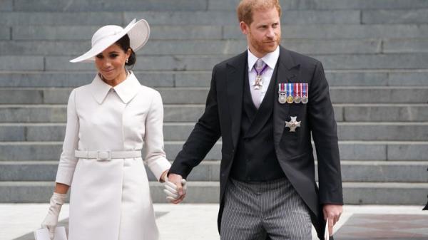 The Duke and Duchess of Sussex leave the National Service of Thanksgiving at St Paul's Cathedral, London, on day two of the Platinum Jubilee celebrations for Queen Elizabeth II. Picture date: Friday June 3, 2022.
