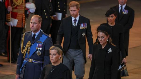 Members of the royal family, Sophie, Countess of Wessex, the Prince and Princess of Wales and the Duke and Duchess of Sussex, walk as the coffin of Queen Elizabeth II, draped in the Royal Standard with the Imperial State Crown placed on top, arrives at Westminster Hall, London, where it will lie in state ahead of her funeral on Monday. Picture date: Wednesday September 14, 2022.