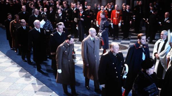 1965: The funeral of Sir Winston Churchill in St. Paul's Cathedral, London. Picture shows King Constantine of Greece (right, in uniform), King Olaf of Norway (with Constantine) and General De Gaulle of France (behind Constantine).