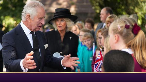 King Charles III meeting wellwishers after attending a Service of Prayer and Reflection Llandaff Cathedral in Cardiff, for the life of Queen Elizabeth II. Picture date: Friday September 16, 2022.