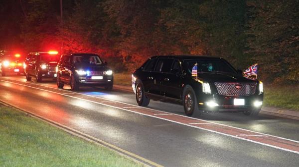 US President Joe Biden and the First Lady leave Stansted airport in their motorcade