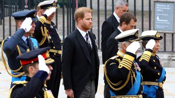 Britain's Prince Harry, Duke of Sussex, stands next to King Charles, Anne, Princess Royal, and William, Prince of Wales, as they salute during the state funeral and burial of Britain's Queen Elizabeth, in London, Britain, September 19, 2022. REUTERS/Hannah McKay/Pool TPX IMAGES OF THE DAY
