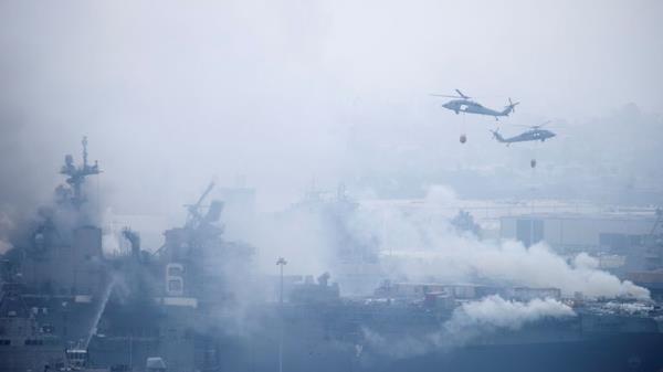U.S. Navy helicopters and city firefighters continue fighting a fire on the amphibious assault ship USS Bonhomme Richard at Naval base San Diego, in San Diego, California, U.S. July 13, 2020. REUTERS/Mike Blake