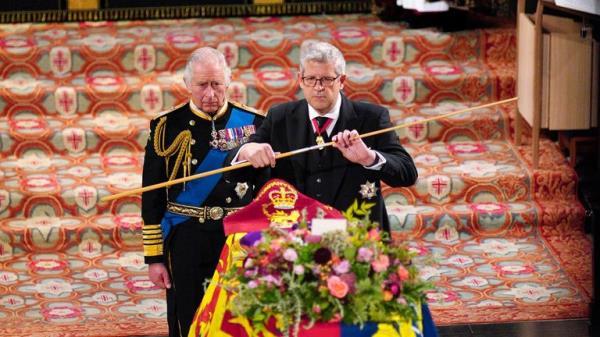 King Charles III watches as the Lord Chamberlain breaks his Wand of Office at the Committal Service for Queen Elizabeth II held at St George's Chapel in Windsor Castle, Berkshire. Picture date: Monday September 19, 2022.
