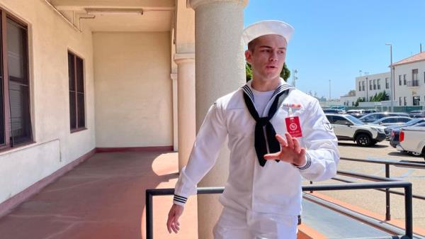 US Navy sailor Ryan Sawyer Mays walks past reporters at Naval base San Diego before entering a Navy courtroom Wednesday, Aug. 17, 2022. Pic: AP