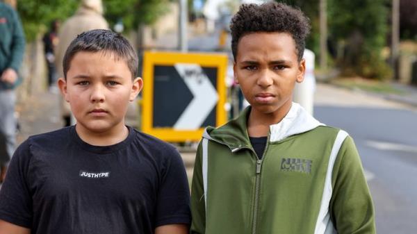 Alfie Wilkinson (left) and Ruben Duncan-Keane near the scene in Woodhouse Hill, Huddersfield